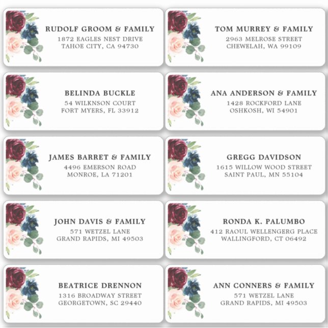 Sticker Burgundy Navy Blush Floral Mariage Adresse d'invit (Devant)