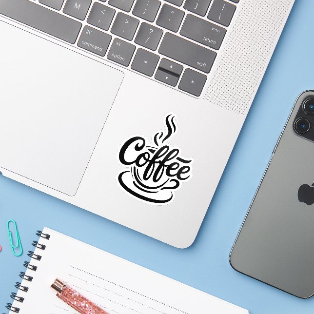 Sticker But First Coffee | Chic Modern Script Typography D (Ordinateur portable avec iPhone)