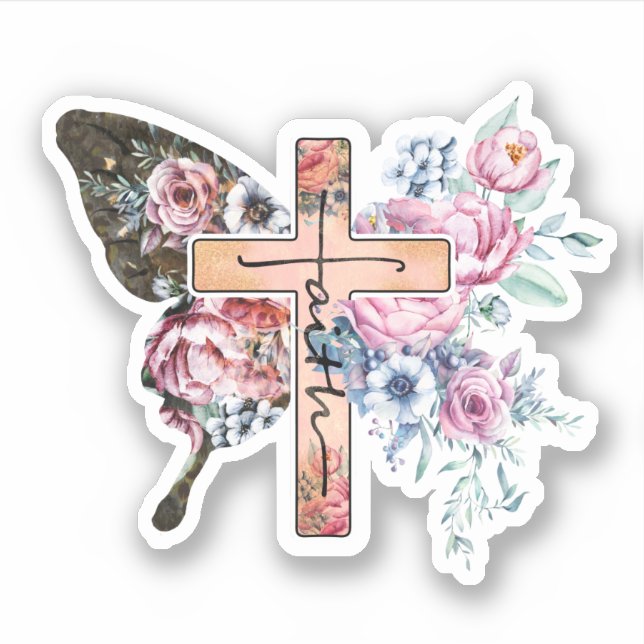 Sticker Butterfly Cross Faith floral (Devant)