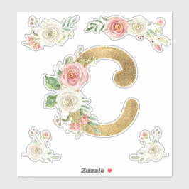 Sticker C Monogram Faux Gold Blush Rose Floral Aquarelle