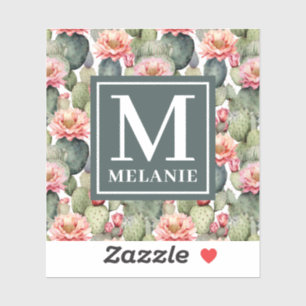 Sticker Cactus Motif Fleurs roses Monogramme
