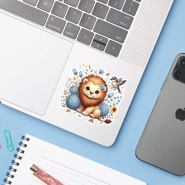 Sticker Cadeau Lion mignon et Fleurs Bleues (Ordinateur portable avec iPhone)