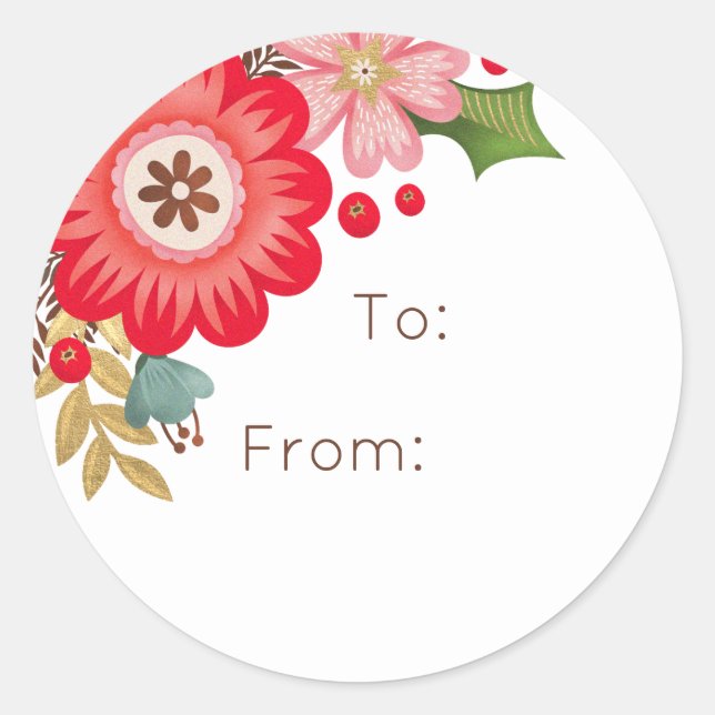 Sticker cadeau moderne rouge floral Noël rond (Devant)