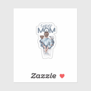 Sticker Cadeau personnalisé Super Maman avec fils et fille