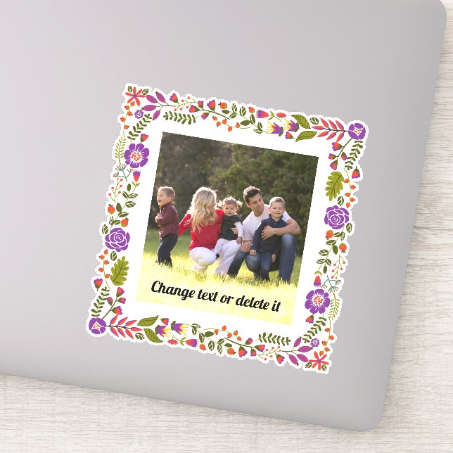 Sticker Cadre fleuri violet, orange et vert avec photo (Détail)