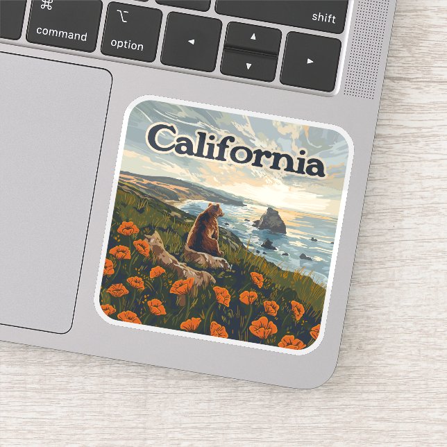 Sticker Californie Bear Poppies Fleurs Côte Retro (Détail)
