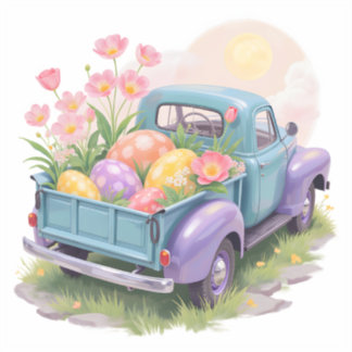 Sticker Camion Rétro Sarcelle et Violet avec Œufs de Pâque