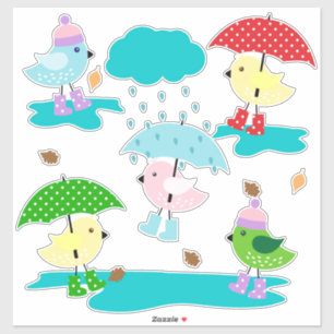 Sticker Canards dans la pluie avec parapluies et bottes de