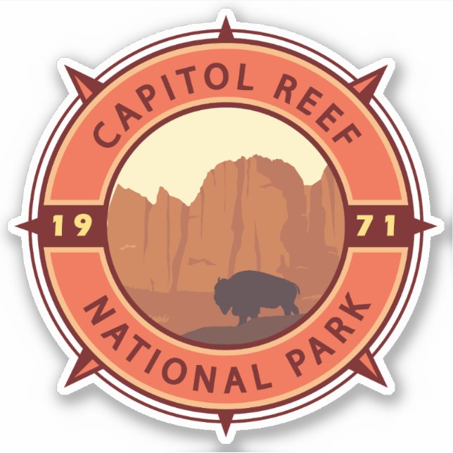 Sticker Capitol Reef National Park Bison Retro Compass (Devant)