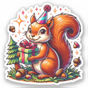 Sticker Caricature d'Anniversaire d'écureuil mignon