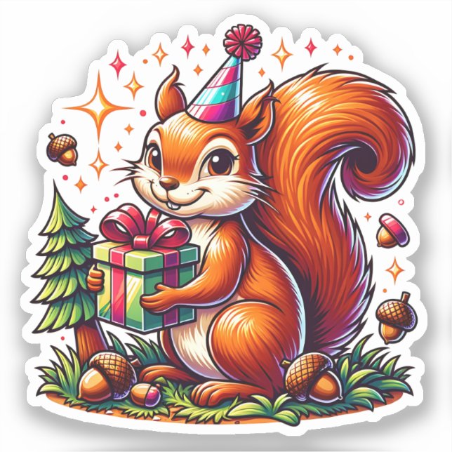 Sticker Caricature d'Anniversaire d'écureuil mignon (Recto)