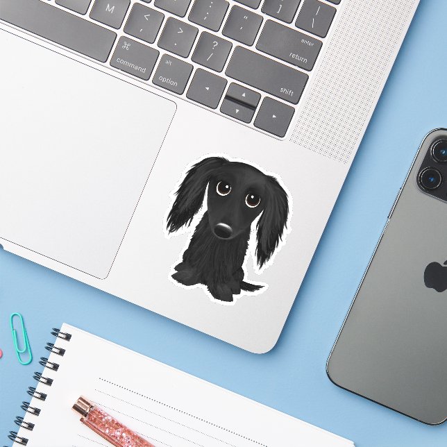 Sticker Caricature de Dachshund noir mignon (Ordinateur portable avec iPhone)
