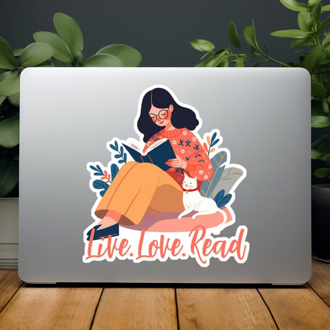 Sticker Caricature Femme mignonne livre de lecture avec ch (Cartoon Cute Woman Reading Book with Cat Custom Sticker)