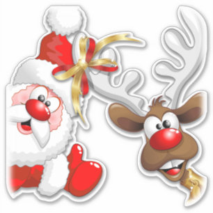 Sticker Caricature joyeuse de Père Noël et Reindeer