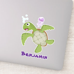 Sticker Caricature joyeuse de tortue de mer verte mignonne