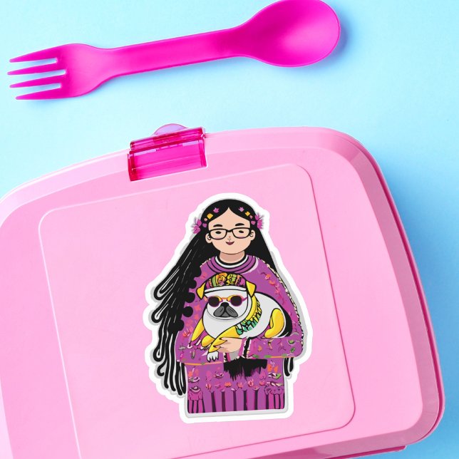 Sticker Carlin adorable et une fille avec cheveux longs (Créateur téléchargé)