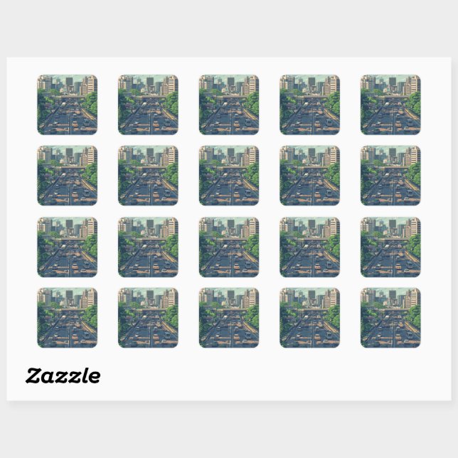 STICKER CARRÉ ピクセルアート　東京の渋滞のステッカー (Feuille)