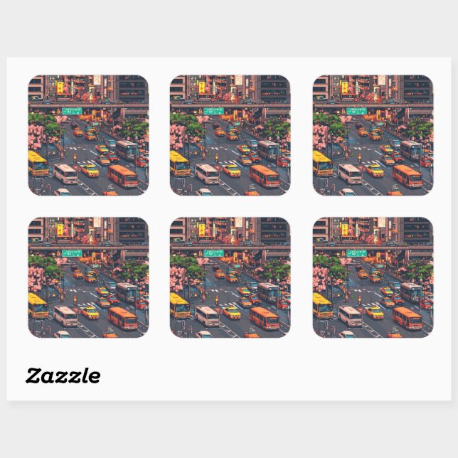 STICKER CARRÉ ピクセルアート　東京の渋滞のステッカー (Feuille)