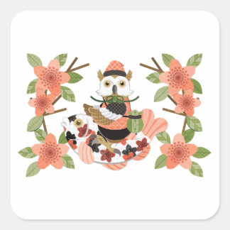 Sticker Carré 梟と鯉/An owl and a carp