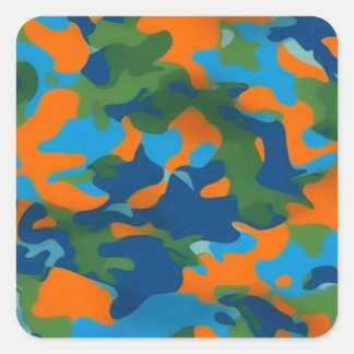 STICKER CARRÉ 鮮やかなオレンジ、青、緑のカモフラージュ柄