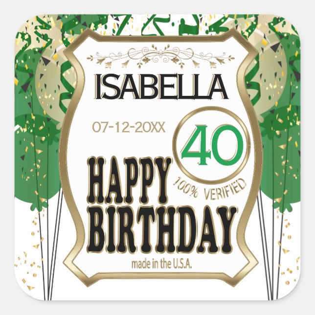 Sticker Carré 00e anniversaire Nom et âge - Vert (Devant)