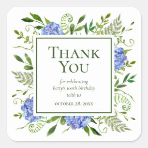 Sticker Carré 100e anniversaire Blue Hydrangeas Merci
