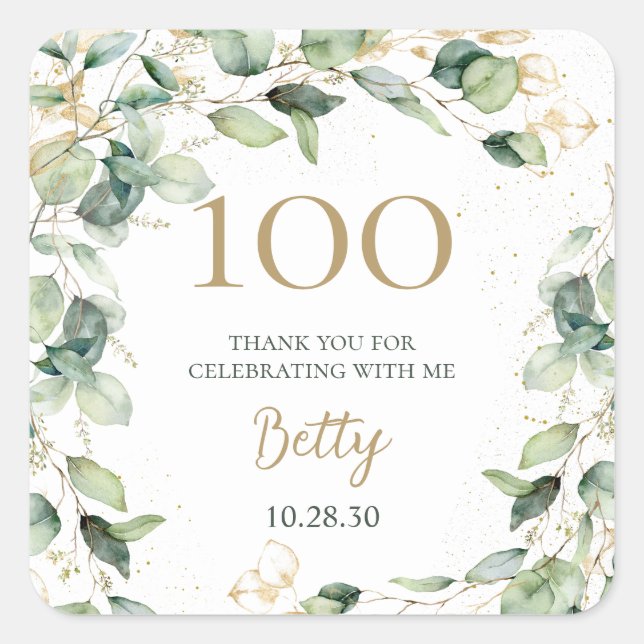 Sticker Carré 100e anniversaire Eucalyptus Merci (Devant)