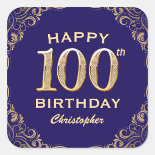 Sticker Carré 100e anniversaire Parties scintillant bleu et or d