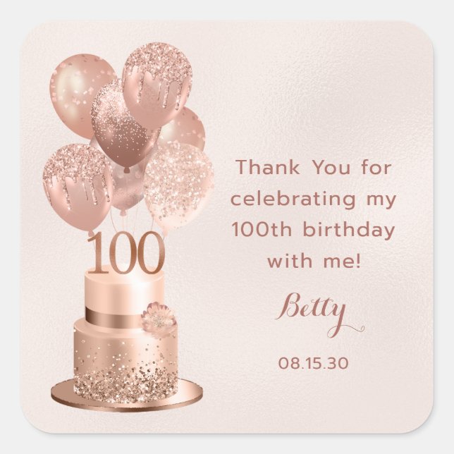 Sticker Carré 100e anniversaire Rose Gold Cake Merci (Devant)