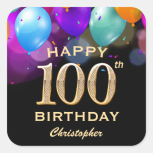 Sticker Carré 100e fête d'anniversaire Ballons Noir et Or