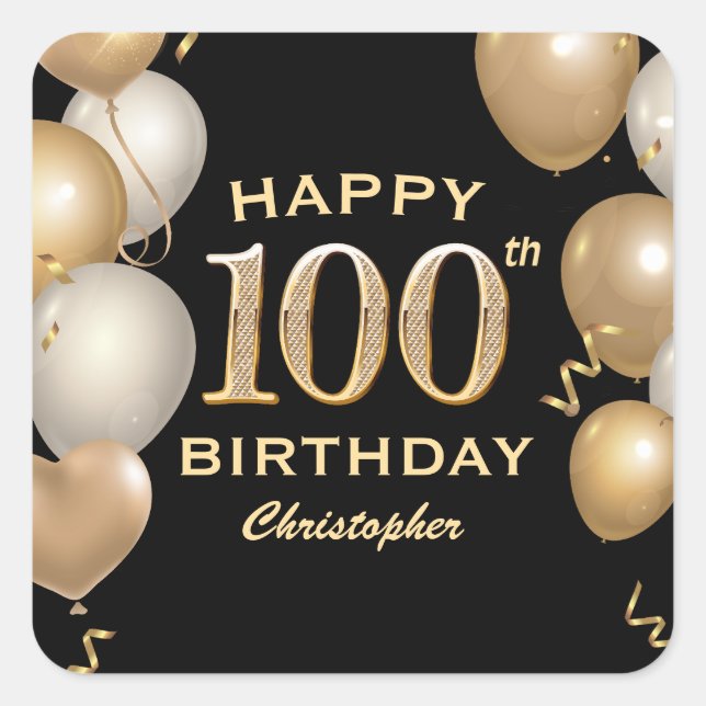 Sticker Carré 100e fête d'anniversaire Ballons Noir et Or (Devant)
