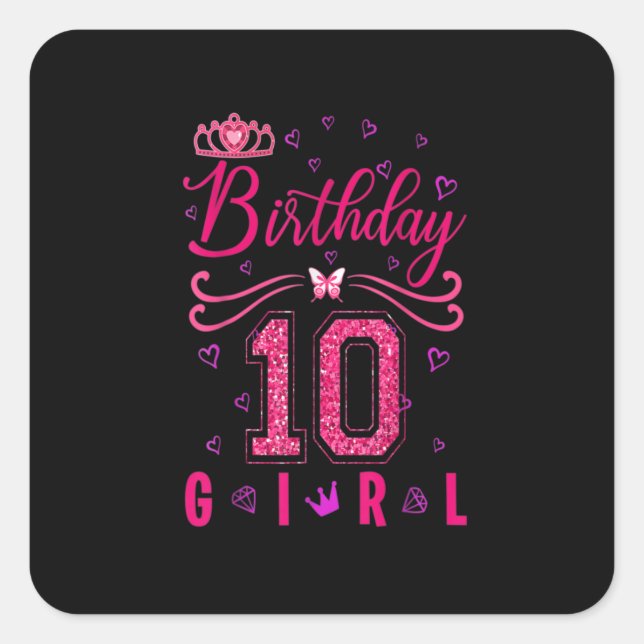 Sticker Carré 10e anniversaire fille mignonne papillon de la Cou (Devant)
