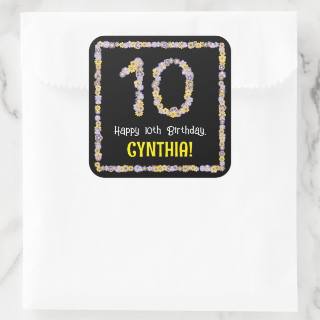 Sticker Carré 10e anniversaire : Floral Flowers Numéro, Nom pers (Sac)