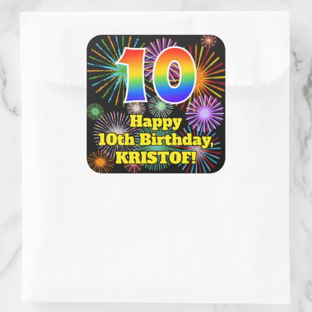 Sticker Carré 10e anniversaire : Fun Fireworks Look, Arc en ciel (Sac)