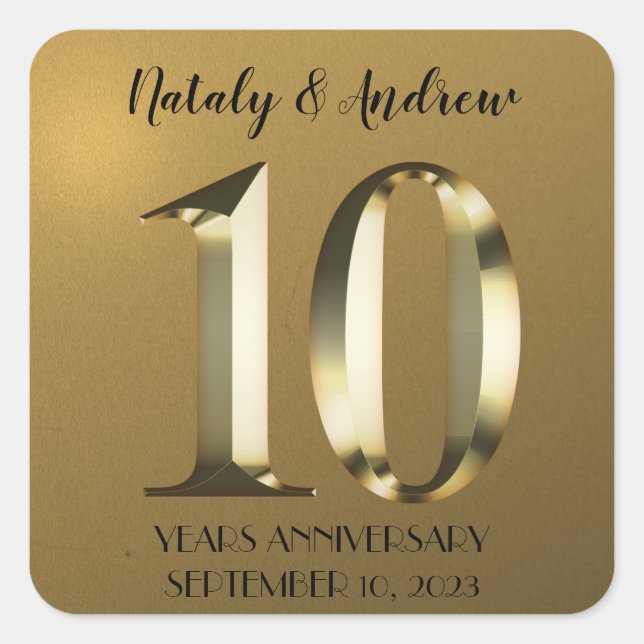 Sticker Carré 10e anniversaire Mariage d'or métallique (Devant)