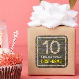 Sticker Carré 10e anniversaire : numéro floral, Faux Wood Look, 