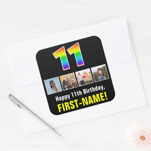 Sticker Carré 11e anniversaire : Arc-en-ciel "11"; Photos person (Enveloppe)