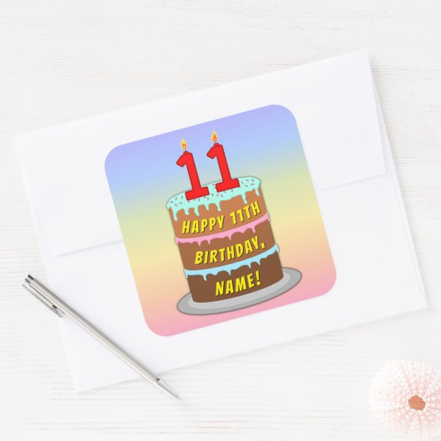 Sticker Carré 11e anniversaire : Fun Cake and Candles + Nom pers (Enveloppe)