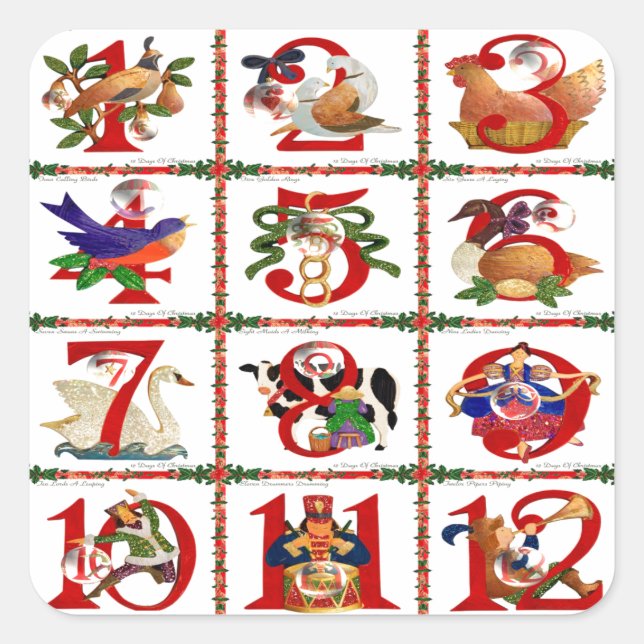 Sticker Carré 12 Jours De Caillot De Noël Imprimer Cadeaux (Devant)