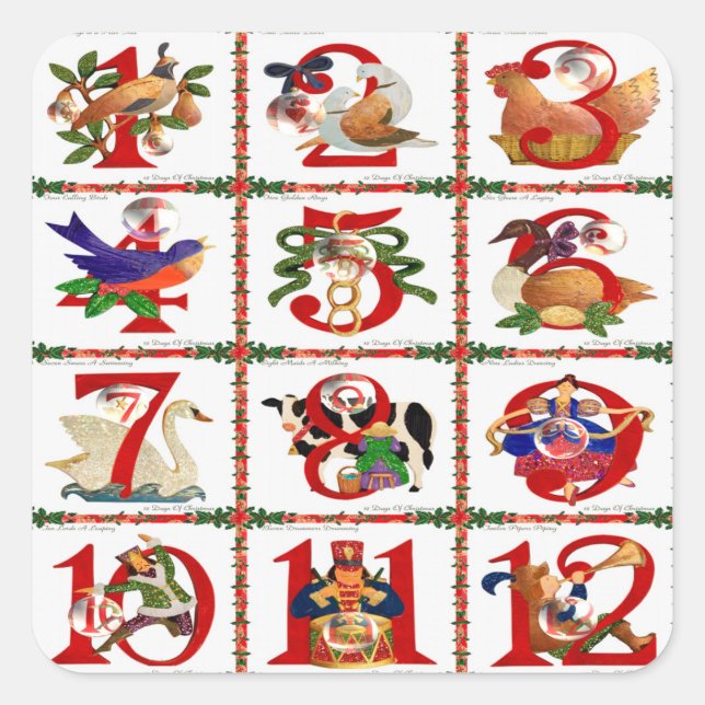 Sticker Carré 12 Jours De Caillot De Noël Imprimer Cadeaux (Devant)