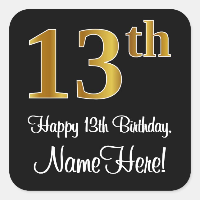 Sticker Carré 13e anniversaire - Elégant luxe Faux Gold Look # (Devant)