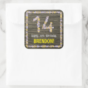 Sticker Carré 14e anniversaire : numéro floral, Faux Wood Look, 