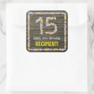 Sticker Carré 15e anniversaire : numéro floral, Faux Wood Look, 