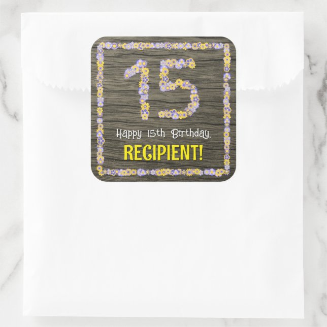 Sticker Carré 15e anniversaire : numéro floral, Faux Wood Look,  (Sac)