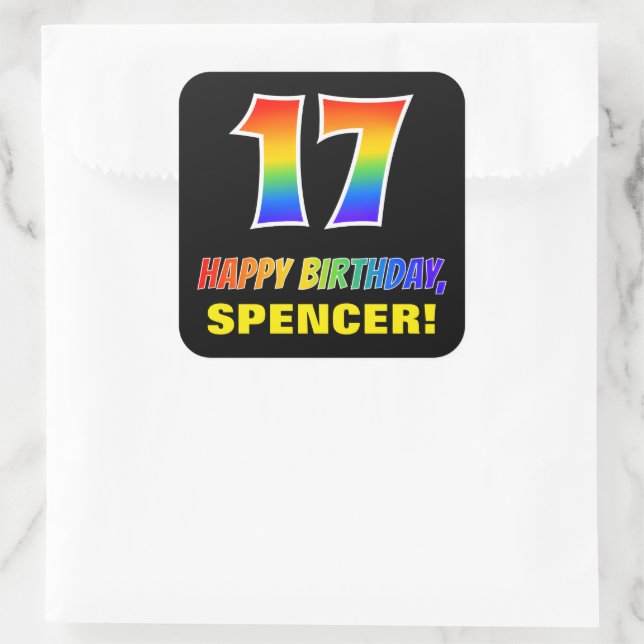 Sticker Carré 17e anniversaire : Bold, amusant, simple, arc-en-c (Sac)