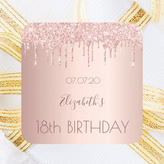 Sticker Carré 18e anniversaire blush rose or parties scintillant (Créateur téléchargé)
