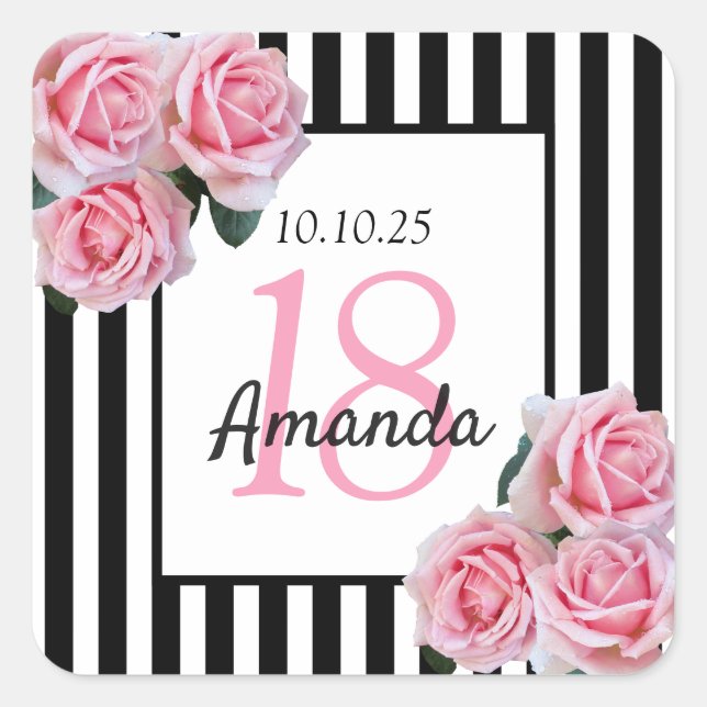 Sticker Carré 18e anniversaire florale rose sur bandes blanches  (Devant)