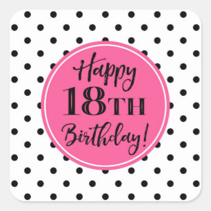 Sticker Carré 18e anniversaire Points blancs noirs roses