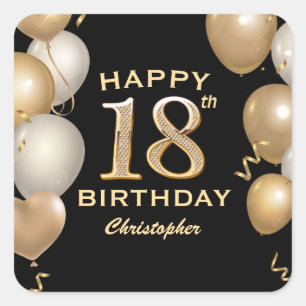 Sticker Carré 18e fête d'anniversaire Ballons noirs et or