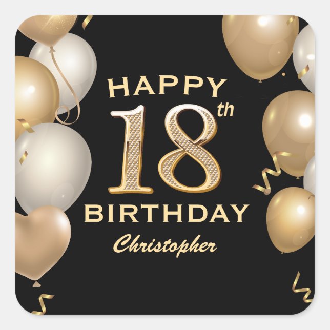 Sticker Carré 18e fête d'anniversaire Ballons noirs et or (Devant)